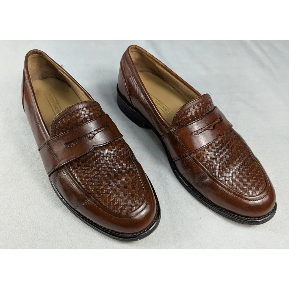 Johnston & Murphy Mens Brown Woven Leather Penny Loafers Made in Italy Size 8.5M